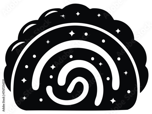 Abstract Swiss Roll Cake with Stars and Circles Black and White Illustration for Decorative Designs and Dessert Concepts