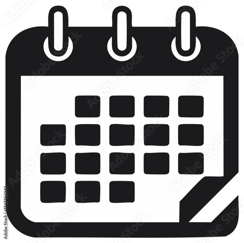 Black and white icon of a calendar with a turned page and grid pattern