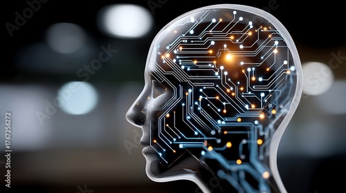 Futuristic Human Head with Circuit Board Design and Glowing Lights for Technology Concepts