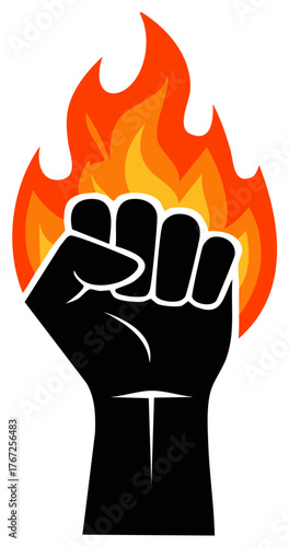 A clenched fist in flames representing protest or strength, isolated