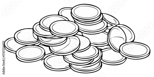 Black and white line art illustration of a large pile of circular coins tokens representing wealth and financial concepts