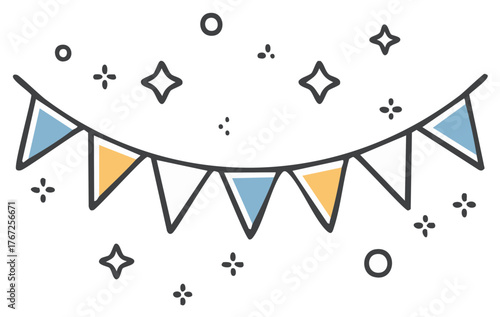 Festive party banner with pennant flags and star sparkles