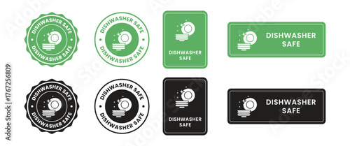 Dishwasher safe design badge, dishwasher green stamp. Symbol, outline icon, tag, badge, label, circle, green white vector round isolated on transparent background.