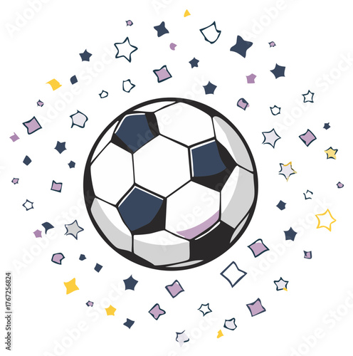 Vector football soccer ball illustration surrounded by decorative confetti shapes and stars for sport promotion and celebration