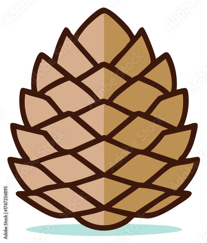 Stylized brown pine cone with layered scales and dark outline on white
