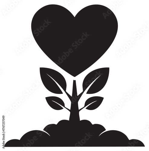Black silhouette of a sapling with leaves growing a heart shape at the top emerging from soil