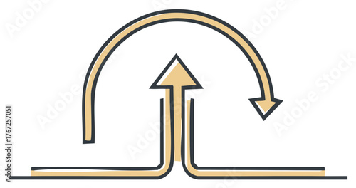 Stylized arrow diagram illustrating a continuous loop of ascent and descent with converging lines