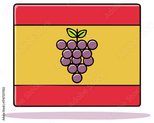 Cartoon illustration of the Spanish flag with a bunch of grapes symbolizing winemaking and agriculture