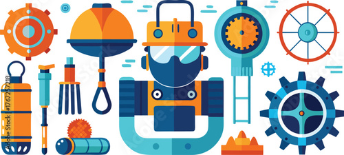 Dynamic collection of industrial gears, tools, and mechanical components in a vibrant, modern flat design style for engineering and innovation themes.