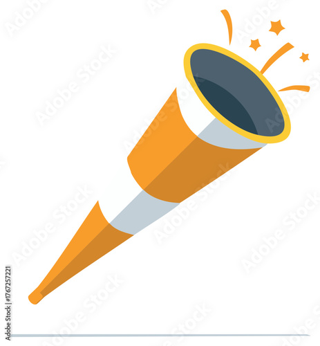 Party popper launching confetti and stars for festive celebration or new year event graphic