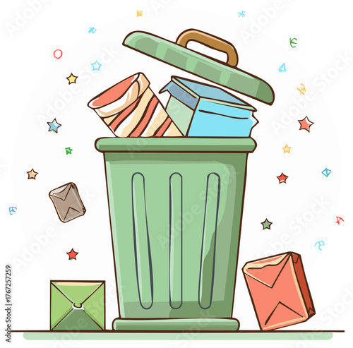Overflowing Trash Can with Mail and Party Favors Illustration in Cartoon Style