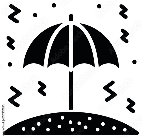 Black and white weather icon of an umbrella in a storm with wind and rain