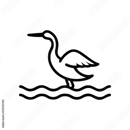 Black outline of a heron wading in water depicted with minimalist design. Line icon style editable stroke