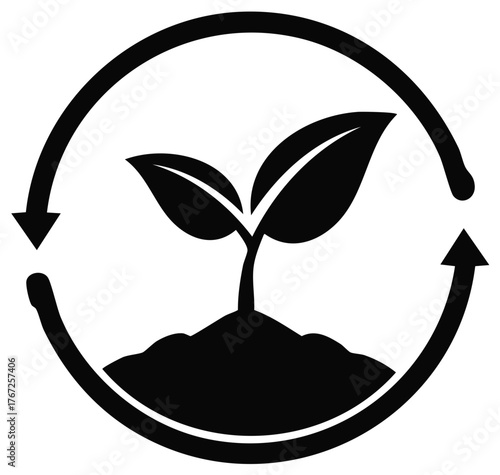Ecology and nature symbol with growing seedling in soil encircled by arrows representing sustainability