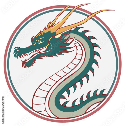 Stylized Dragon Illustration, Mythological Creature with Golden Horns and Sharp Teeth in Circle