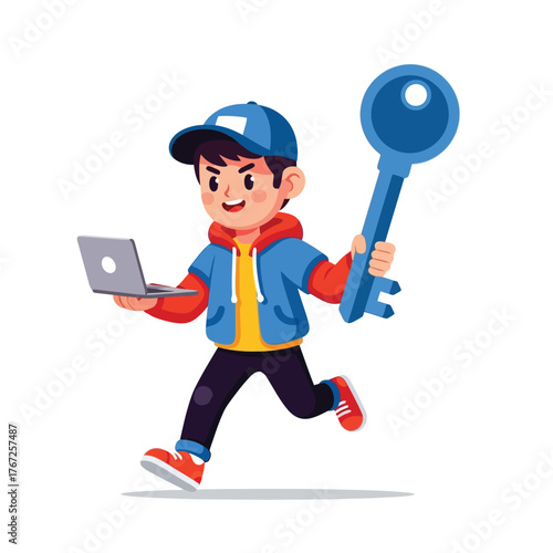 Dynamic boy running with laptop and giant key unlocks opportunities and possibilities