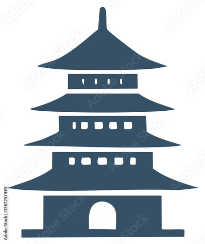 Minimalist dark blue pagoda and temple icon silhouette representing traditional Asian spirituality and architecture