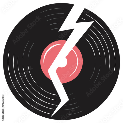 Broken Vinyl Record with Lightning Bolt Retro Symbol Disaster in Music