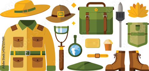 Embark on thrilling adventures with this vibrant collection of explorer gear, including a safari jacket, hats, boots, and essential tools for discovery.