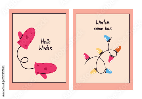 Poster set with quotes New Year and Christmas posters. Trendy winter vector. Hand drawn doodle cozy posters for home interior