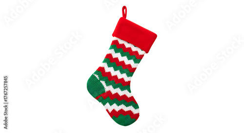 Festive christmas stocking with red cuff and chevron pattern in green red and white against a perfect for holiday decorations and gifts this season
