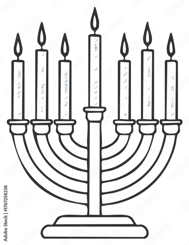Fototapeta premium Hanukkah Menorah Outline with Seven Lit Candles, Black and White Drawing