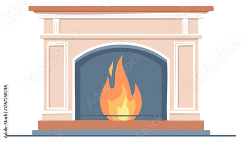 Cozy fireplace with a warm glowing fire inside a decorative mantelpiece