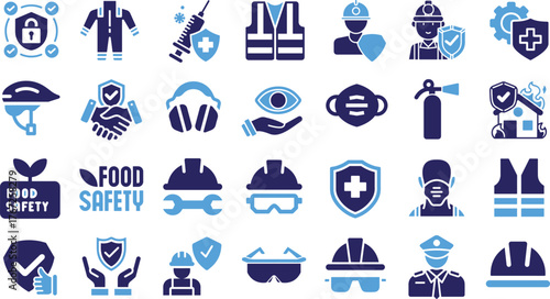 Set of Vector Safety, Security, and Health Icons: PPE, Workplace Protection, Fire, and Food Safety Symbols