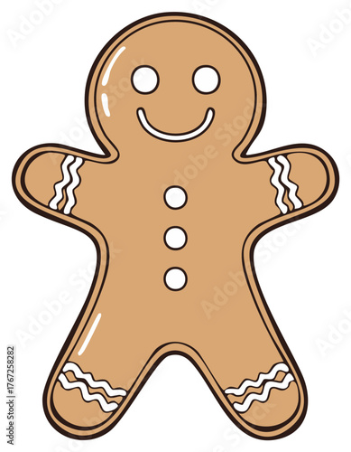 Smiling gingerbread man cookie with white icing decoration happy holiday dessert vector illustration