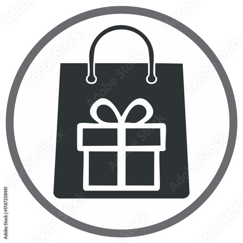 Shopping bag and gift box icon in a circle symbol representing giving and retail