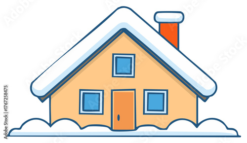 Cartoon home covered in snow during winter; family house with chimney and door