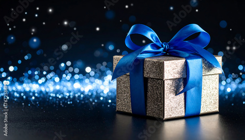 Gift box with blue ribbon sparkling effects against transparent background