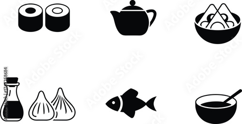 Asian food icons, sushi rolls, teapot, rice balls, dumplings, soy sauce, fish, soup bowl, black and white vector illustration