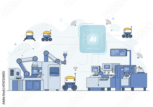 Illustration of industrial robots and machinery connected to AI technology in a factory setting with blue and grey tones.