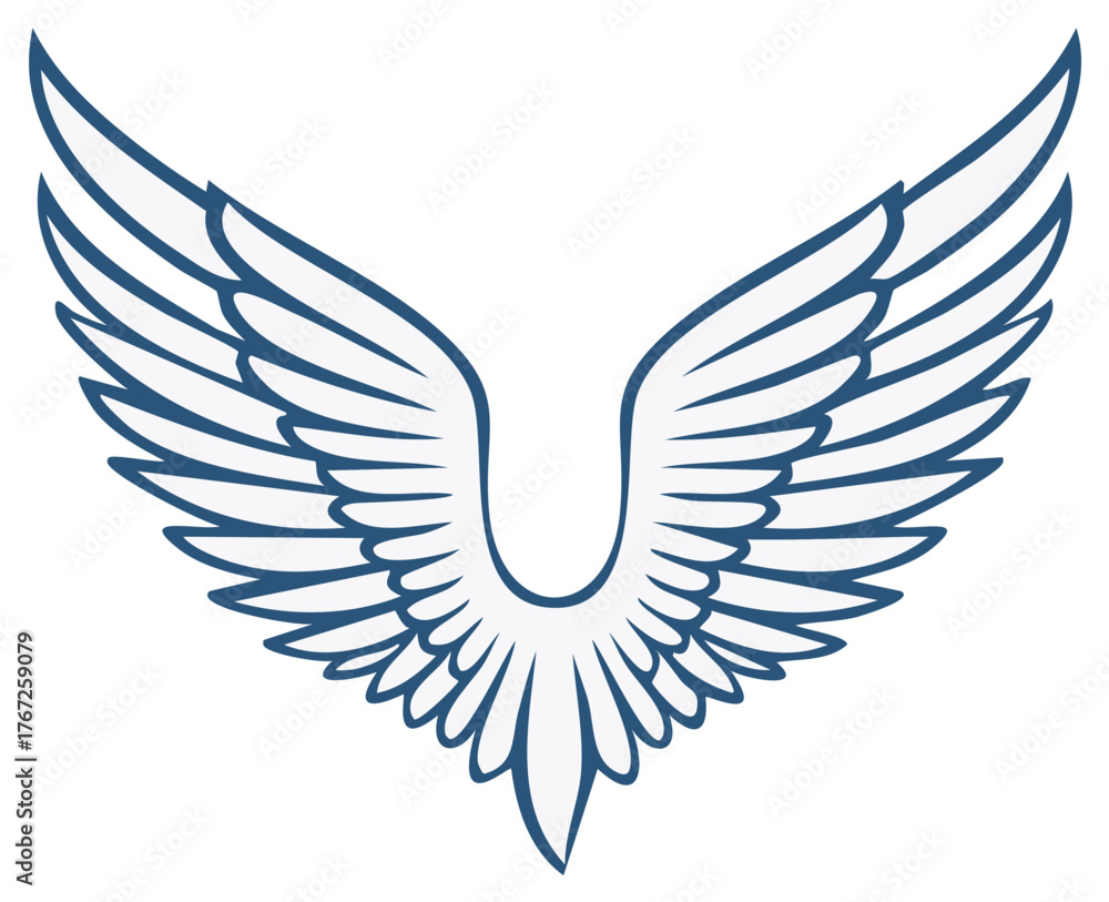 Obraz premium Stylized blue outline angel wings graphic design element representing freedom flight and protection