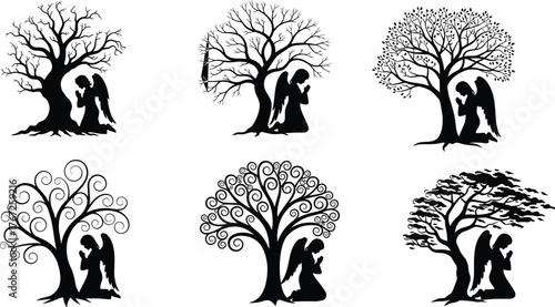 Angel praying under tree silhouette collection, spiritual nature vector art, religious faith design, peaceful meditation scene, black and white divine artwork, fantasy illustration set
