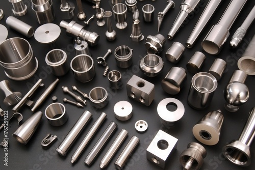 An assemblage of stainless steel components displayed on a dark grey background, showing rods, pins, sleeves, metal mesh, pipes and decorative accessories for industrial and construction applications