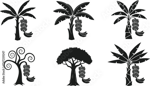Banana tree silhouette collection with tropical fruit bunches, abstract botanical vector illustration, exotic plant design, natural tropical art, black and white nature graphic