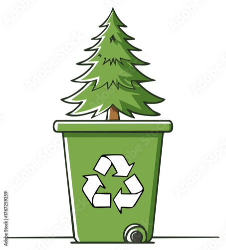 Recycling bin with a green Christmas tree inside, symbolizing eco-friendly disposal