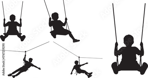 Children Playing on Swings and Zip Lines Silhouettes | Children on a zipline adventure silhouette collection