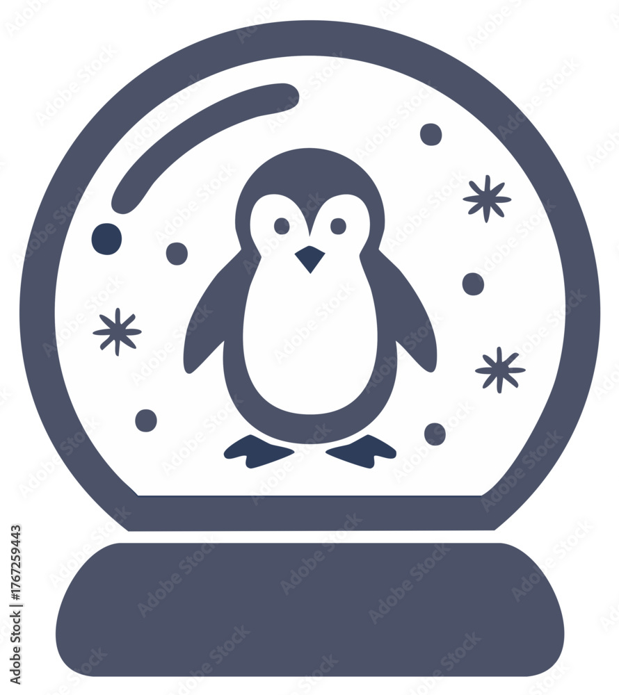 Obraz premium Penguin in a winter snow globe with snowflakes, Christmas holiday vector icon.