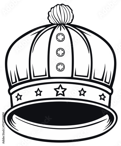 Elegant Royal Crown with Stars, Buttons, and Pom Pom Decoration in Black and White