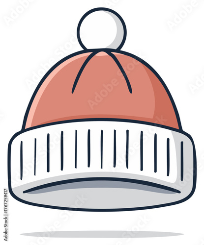 Cozy pink knitted winter hat with a pom-pom. Simple cartoon vector illustration.