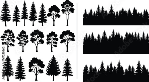 Beautiful forest tree silhouette collection, evergreen pine and deciduous tree vector set, black nature landscape illustration, woodland border design