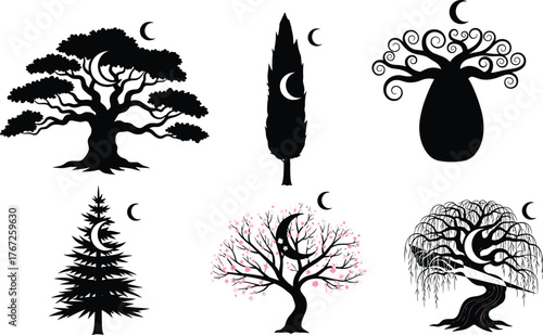 Beautiful night tree silhouette collection with crescent moon, artistic nature illustration, black and white vector design, fantasy landscape concept with magical moonlight elements