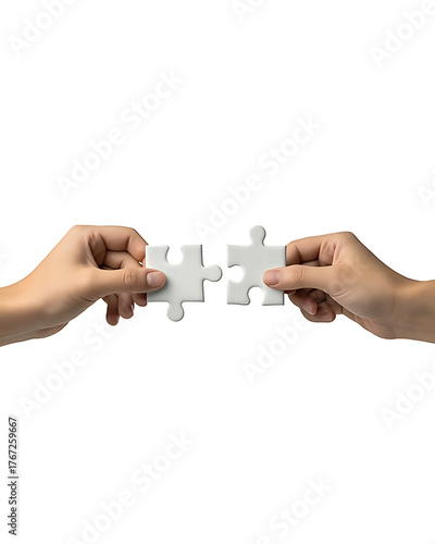 Two hands connecting puzzle pieces together on white background