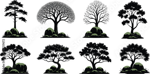 Beautiful tree silhouette collection with green hill landscape, natural forest vector illustration, outdoor nature scene design, eco environment art