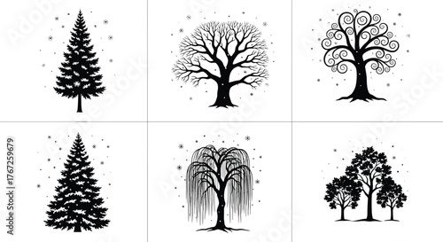 Black and white tree silhouette collection with snowflakes, winter nature illustration, abstract forest vector design, seasonal decorative tree artwork for creative background
