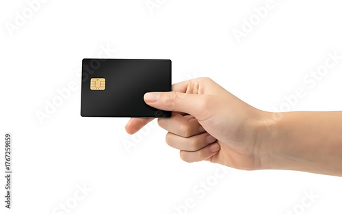 Hand holding a black credit card with a gold chip