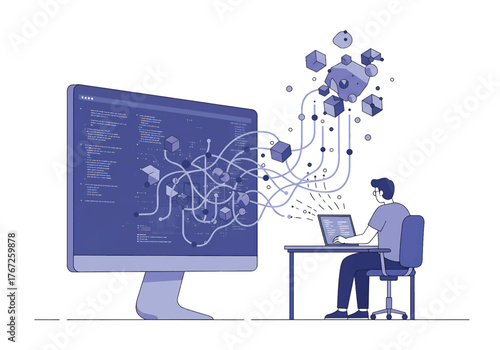 Illustration of a man sitting at a desk working on a laptop with a large computer monitor displaying code and lines connecting to various symbols.